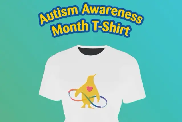 Autism Awareness Month Shirt with yellow penguin and rainbow infinity symbol