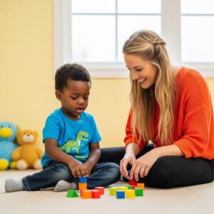 Child with autism pointing at a dinosaur picture book during a learning activity with a therapist at Bierman Autism Centers.
