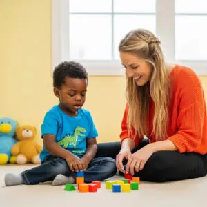 Child with autism pointing at a dinosaur picture book during a learning activity with a therapist at Bierman Autism Centers.