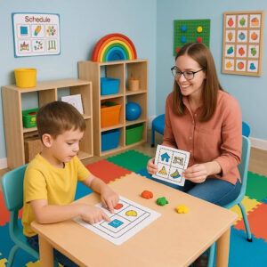 Child and therapist working on shape and color recognition activities at Bierman Autism Centers.