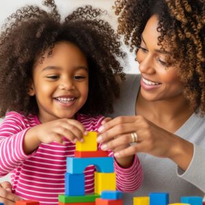 Mother and daughter building block tower together