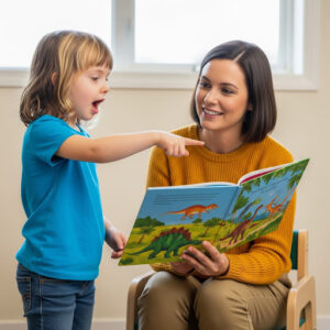Child pointing at a picture book while engaging with an adult, illustrating Level 1 autism communication support.