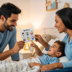Parents use a bedtime visual schedule with their child during ABA therapy at home, creating a positive nightly routine.