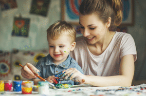 A smiling mother helps her young child with autism paint using colorful brushes and jars of paint, encouraging creativity and learning at home.