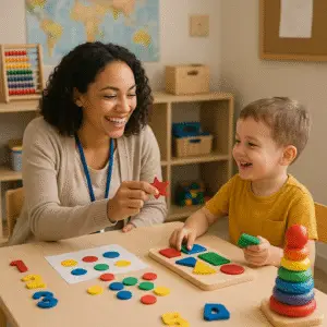 A smiling teacher works with a young child on an autism learning activity, using colorful shapes, puzzles, and numbers in a classroom setting.