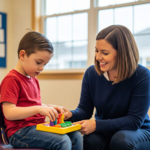 A young boy with autism engages in a hands-on activity with colorful blocks while a supportive teacher smiles beside him in a classroom.