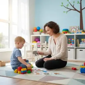 Therapist working one-on-one with a child using picture cards and play-based activities during an ABA therapy session at Bierman Autism Centers.