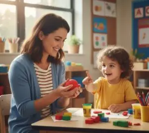 ABA therapist helping a child develop communication, motor, and cognitive skills through clay and block play.
