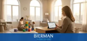 BCBA reviewing ABA therapy outcomes data while therapist works with child during play-based autism therapy session