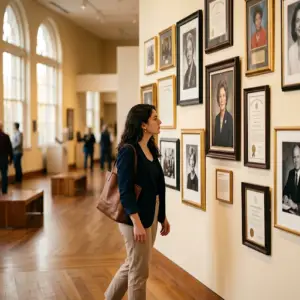Woman looking at portraits in a museum, representing 10 famous people with Autism Spectrum Disorder and their achievements.