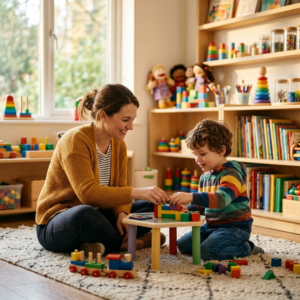 A young child and a therapist build with blocks together during a play-based session.