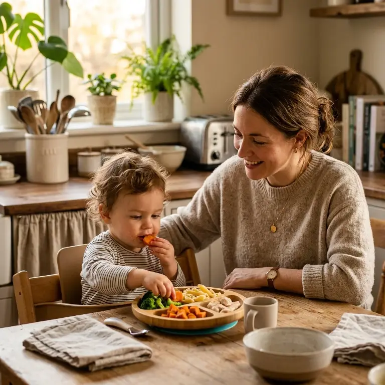 A young child eating from a divided plate of pasta, chicken, carrots and broccoli while a caregiver sits beside them.
