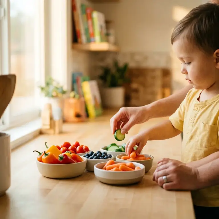 A caregiver and a young child arranging small bowls of cucumber, carrots, blueberries and peppers on a kitchen counter.