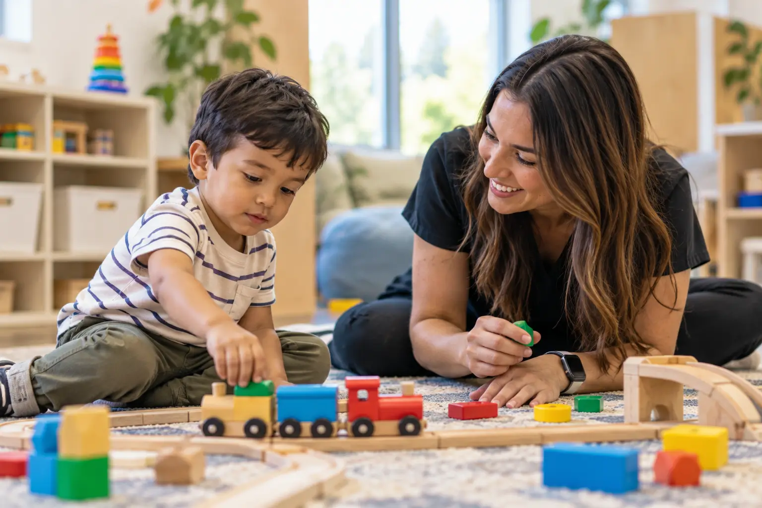 A caregiver and a young child playing with a wooden train set on a playroom floor.