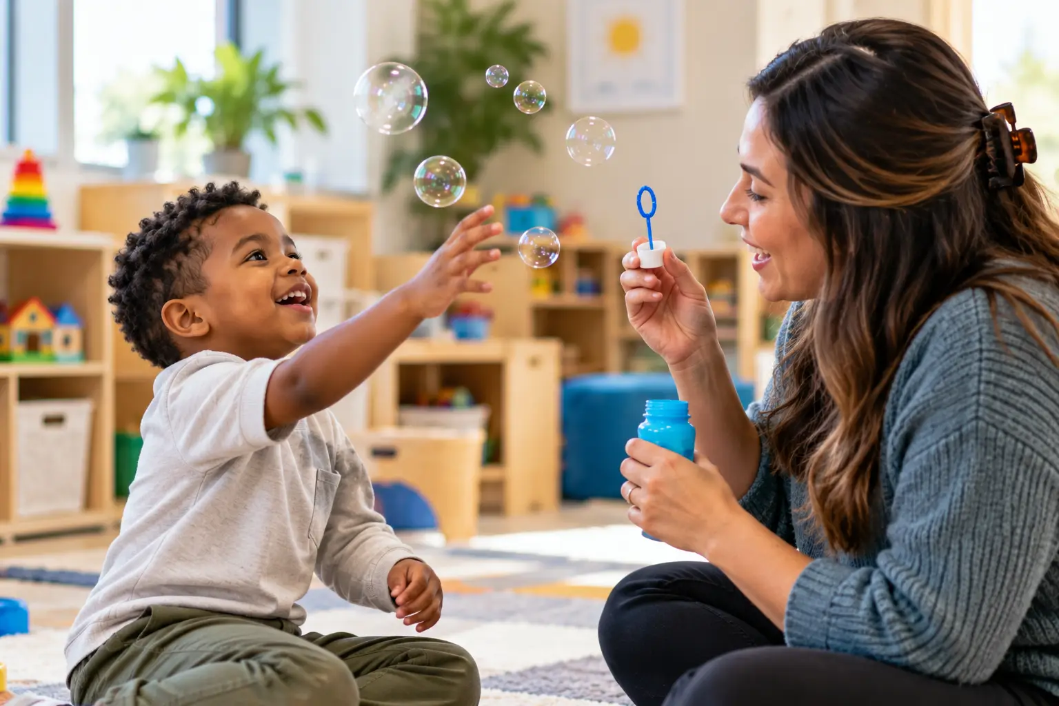 An adult blowing bubbles for a smiling young child on a playroom floor.