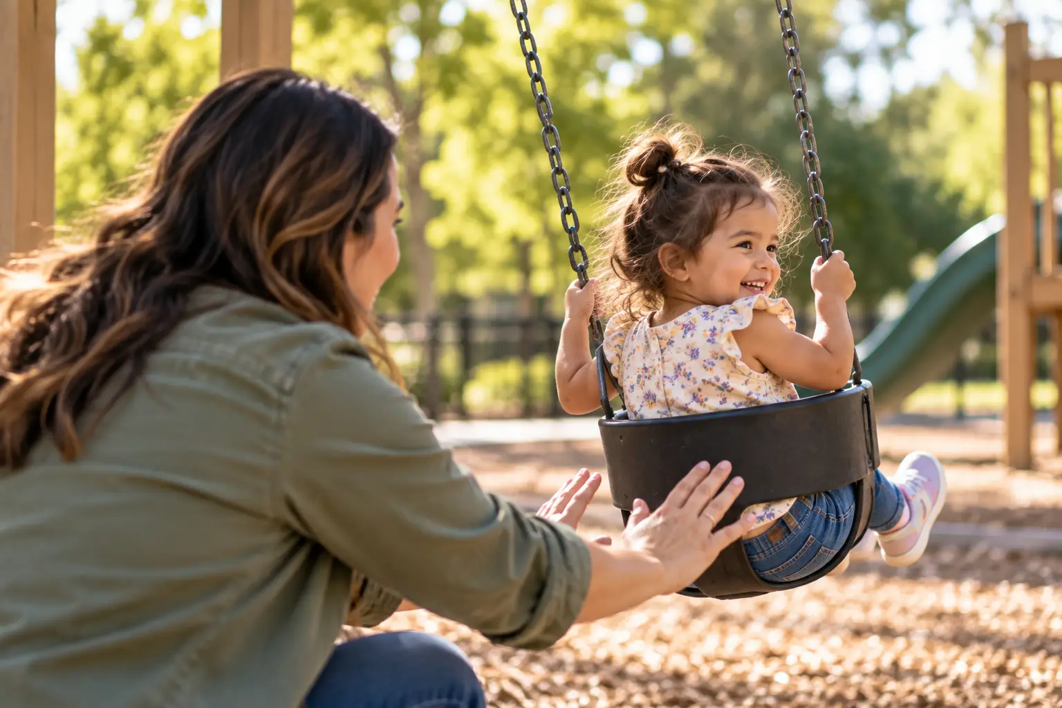 A caregiver pushing a young child on a swing at a playground.